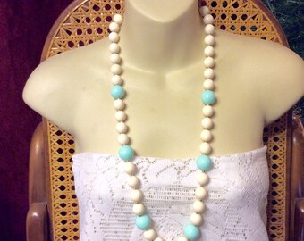 Vintage 1960's robins egg blue and white acrylic beads necklace.