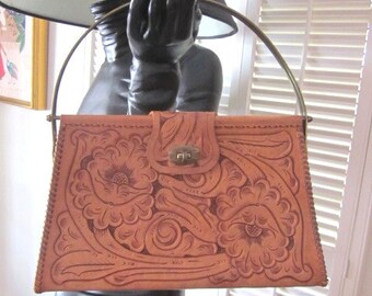 Vintage Tooled Purse / 60s Tooled Handbag / Tooled Leather Purse / vintage tooled handbag