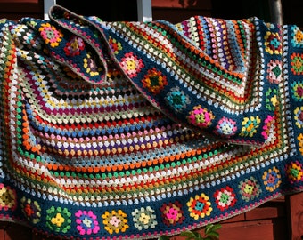 Couverture Vintage En Laine Crochetée – Fait Main, Années 1960, Motif Plaid