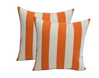 SET OF 2 - Indoor / Outdoor 17" Throw Pillows - 2 Preppy Orange & White Stripe
