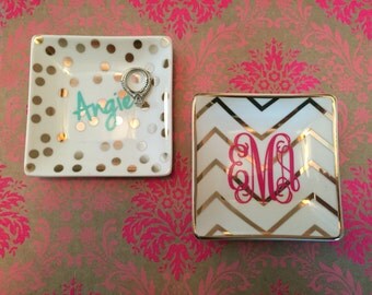 Gold Jewelry Dish, Monogrammed Jewelry Dish, Personalized Trinket Dish, Ceramic Jewelry Dish