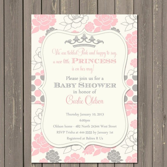 Princess Baby Shower Invitation, Pink and Grey Floral with Polka Dots, Tickled Pink Baby Shower Invitation, Tiara Il_570xn