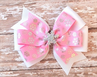 Snowflake Hair Bow, Pink Hair Bow, Snowflake Bow, Toddler Hair Bow, Frozen Headband, Baby Headband, Pink Headband, Frozen Hair Bow, Hair Bow
