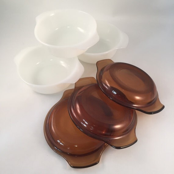 6 Piece Set of White Fire King Bowls with Brown Lids
