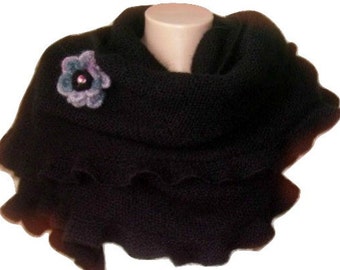 Black Shawl, Mohair, Custom Knit Ruffled, Woman Ruffle Scarf, Hand Knit, Cute Frilled, Warm, Crochet Flower, Bridal Wrap, Bridesmaid
