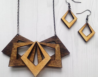 Wooden Statement Necklace and Diamond Shaped Earrings Set - Wooden Necklace, Wooden Earrings, Cyber Monday, Wooden Jewelry, Gift for her