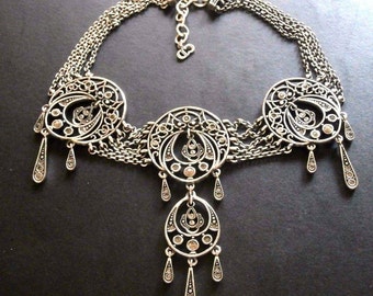 Signed Christian Dior Choker Necklace Gunmetal Plated with Crystal Set Pendants New (D)