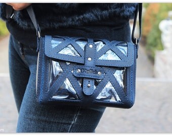Clear stadium bag / Denim Cross Body Small Purse Leather / Blue Leather Crossbody Bag/ Clear bag / Gift for her