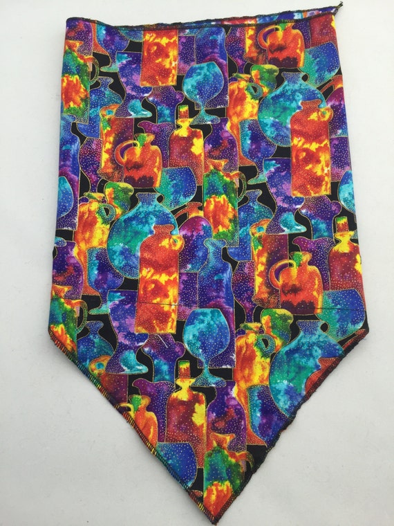 Crazy Bowls: Cotton Stash pocket Bandana w/ multicolored rainbow pottery designs with gold detailing