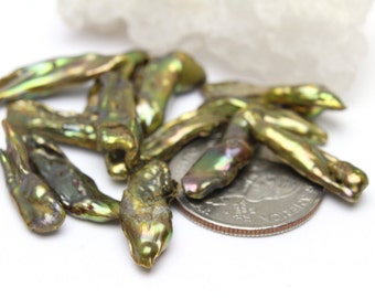 Green Patina Freshwater Biwa Stick Pearls 20-25mm 6pcs