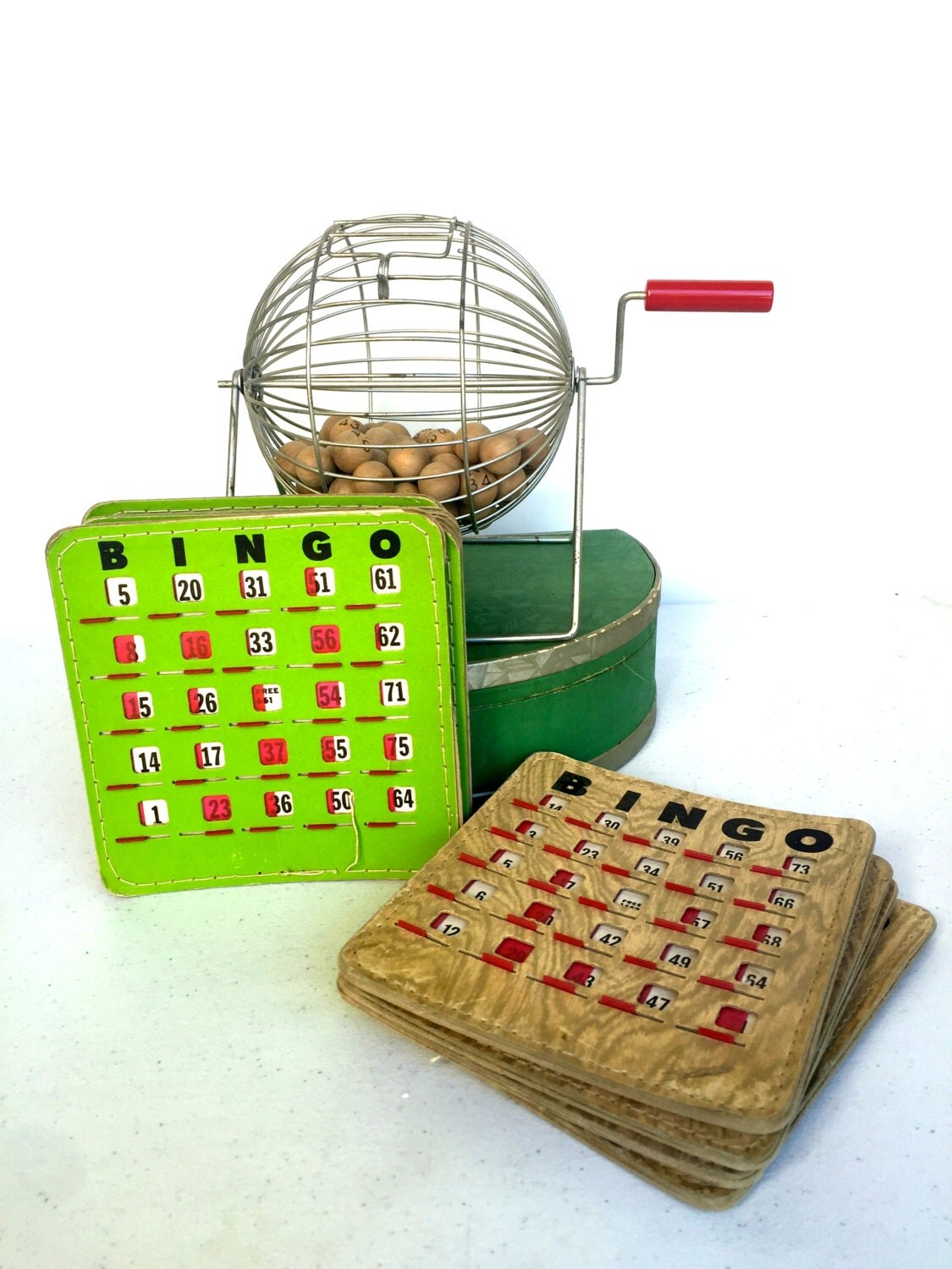 VIntage Bingo Game Cage with Numbered Balls Bingo Cards