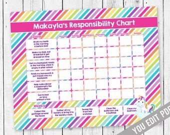 Chore chart for kids, Unicorn Chore Chart, Incentive Chart, Allowance Chart, Weekly Chart, Behavior Chart, Chore Chart, YOU EDIT PDF
