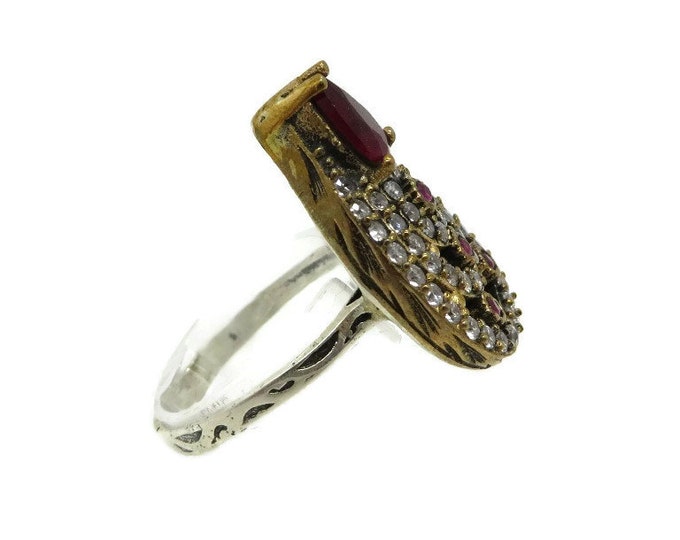 Ruby and Topaz Ring, Vintage Sterling Silver Cocktail Ring, Pear Shaped Ring, Two Tone Silver Ring, Size 8.25