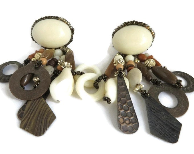 Boho Dangling Earrings, Vintage Cream and Brown Dangles, Beaded Clip-on Earrings, Hippie Clip ons