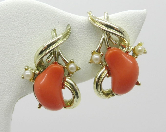Vintage Coro Lucite Earrings - Orange Bead, Faux Pearl Screwback Earrings