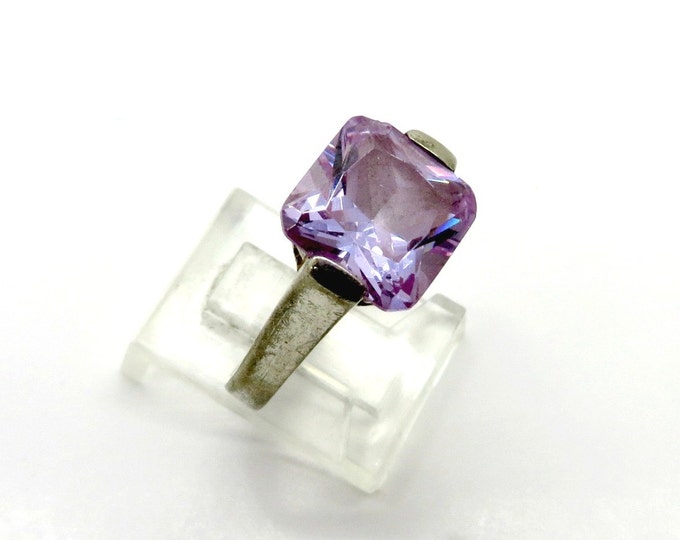 Sterling Silver Amethyst Glass Ring, Vintage Princess Cut Costume Jewelry Ring, Size 8, Gift Idea, Gift Box