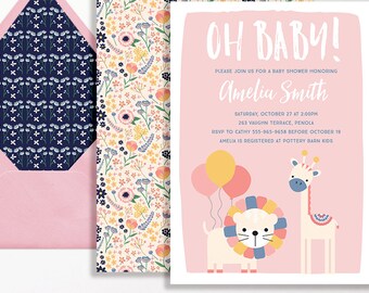 Jungle Baby Shower Invitation Oh Baby Balloons Lion Giraffe Pink Peach Yellow Blue Printable Sprinkle Girl Safari Flowers Floral