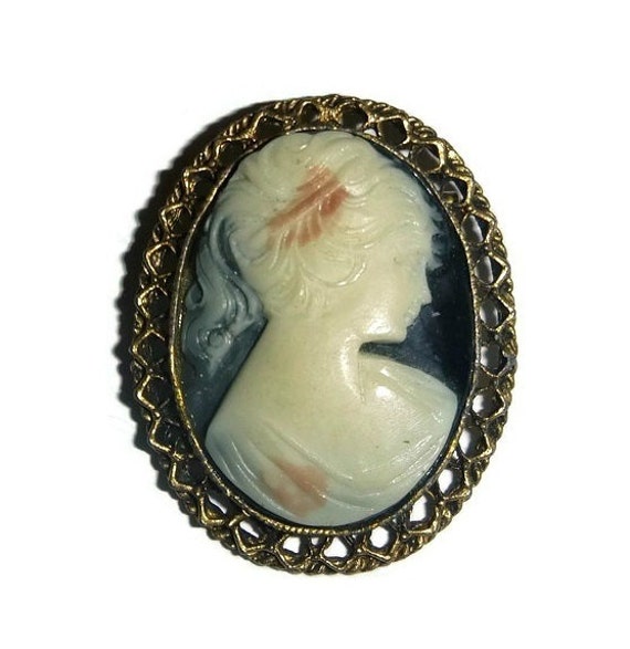 Black & Ivory Cameo Brooch Pin Vintage Victorian Revival