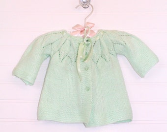 Vintage baby sweater, mint green knit with three buttons and satin ribbon tie, includes booties! size about 0-3 months