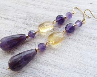 Purple amethyst earrings, yellow citrine earrings, long drop earrings, dangle earrings, gemstone jewelry, semi precious stone jewelry