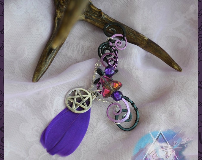 Set "Magic night birds". Ear cuff, earrings with feathers, pentagram, purple, magic, nu goth, quasarshop