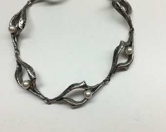 Sterling Silver Organic Branch Design Pearl Accent Bracelet