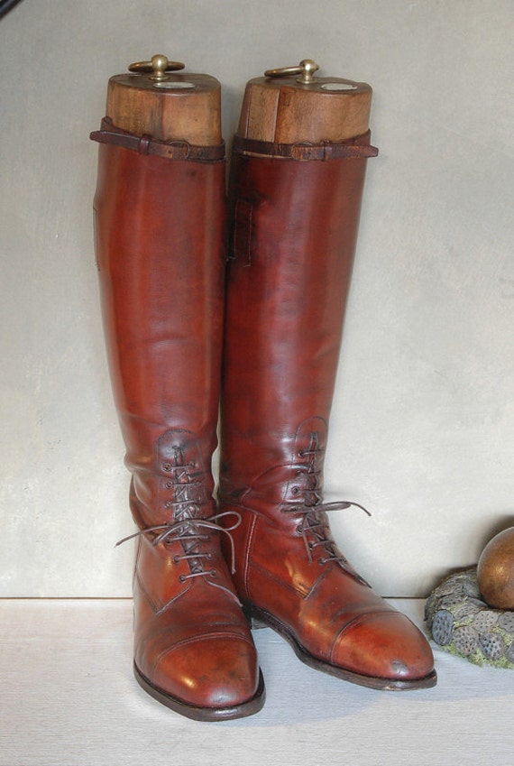 Antique Vintage English Equestrian Lace Up Riding Boots With