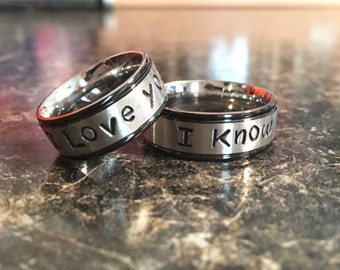 I love you i know Ring Set 8mm Stainless Steel with Black Trim Fashion Ring Hand Stamped