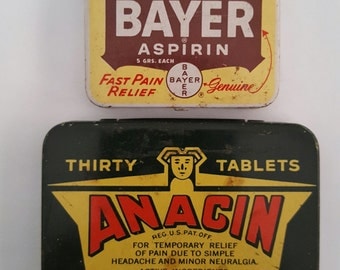 Pair of Vintage aspirin tins, large size Anacin and pocket size Bayer, medical collectible, pain relievers