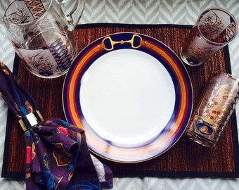 Rare Ralph Lauren China Dinner Plates in Equestrian Themed "Sadie" Pattern.