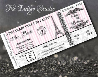 Paris Boarding Pass Ticket Invitation / Birthday / baby shower / sweet sixteen Customizable Birthday Party Invitation.
