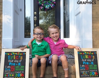 First Day Of Pre-K Kindergarten Preschool First grade Boy Custom Chalkboard Chalk Back To School Poster Sign Banner Photo Prop, Digital File