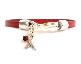 Heart Disease Awareness Bracelet - Red 5mm Flat Leather Bracelet with Awareness Ribbon, Crystal, and Lobster Clasp (5FA-204)