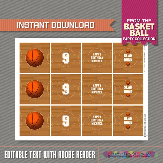 Basketball Party Printable Birthday Labels Editable PDF file