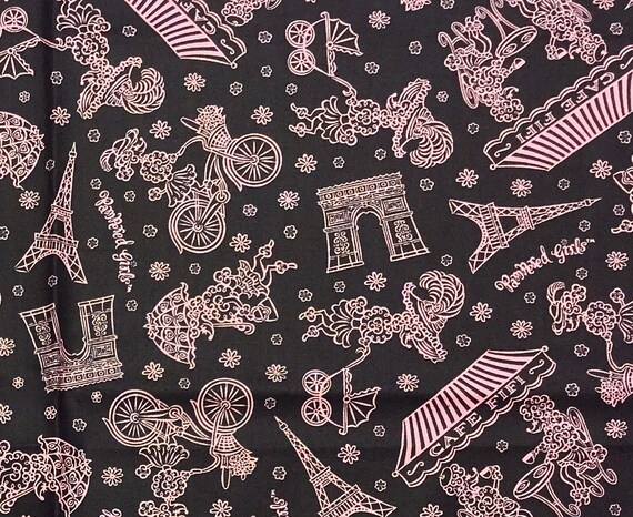 Paris in Pink on Black Fabric by Print Concepts cotton