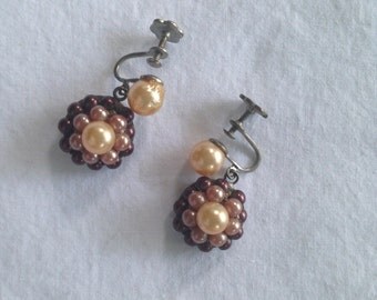 Vintage faux pearl earrings, antique screw back brow and cream jewelry