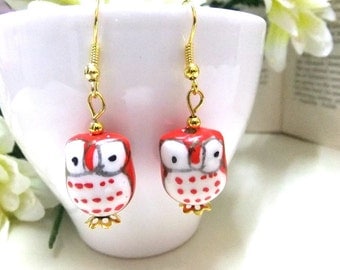 SALE! Red and White Porcelain Owl Earrings, Red Earrings, Gold Earrings, Red Owl Earrings, Owl Lovers, Bird Earrings, Owl Jewelry,Girls Gift