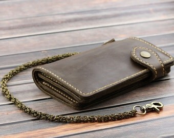Long leather wallet with chain Biker wallet card holder Leather wallet for men Trucker wallet Leather snap wallet Business card case leather