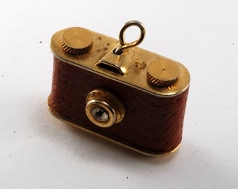 Vintage Camera Charm Pendant Gold Plated with Faux Leather Covering And Rhinestone