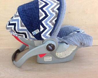 Infant Car Seat Cover- Navy/ Denim Chevron