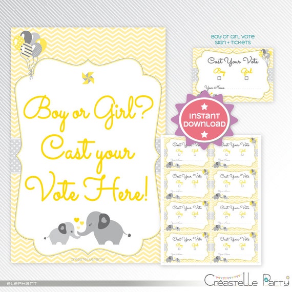Yellow elephant Gender Reveal Voting Cards, baby shower printable game