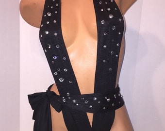 Exotic Dancewear-Black one piece Wrap with Rhinestones