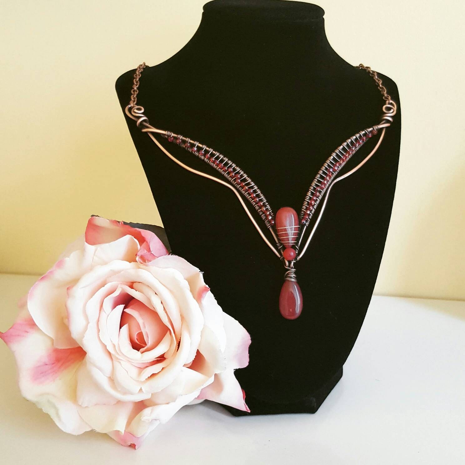 Deep red jade necklace copper wire necklace red jewelry