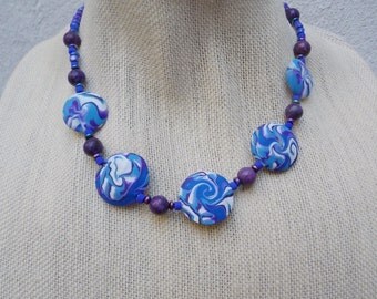 Purple, Blue & White Swirl Bead Necklace - Handmade Polymer Clay Beads