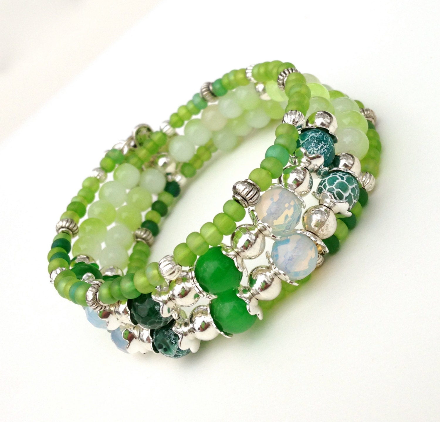 Green Memory Wire Bracelet Beaded Cuff Bracelet Light Green
