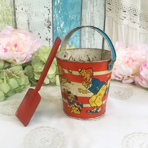 Charming Vintage Bozo Clown Tin Litho Sand Pail Bucket w/