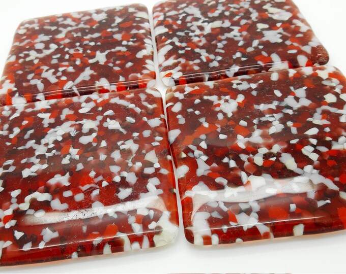 Coral fused glass coaster tile set. Coffee table handmade tiles. Patio barbeque home decor. Wedding anniversary birthday housewarming gifts