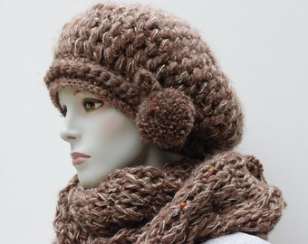 Slouchy Beanies-Oversized Scarf-Winter Knit Beret-Womens Knit Beret-Slouch Beanie Women-Scarf Infinity Knit-Women Eternity Scarf-Knit Beret