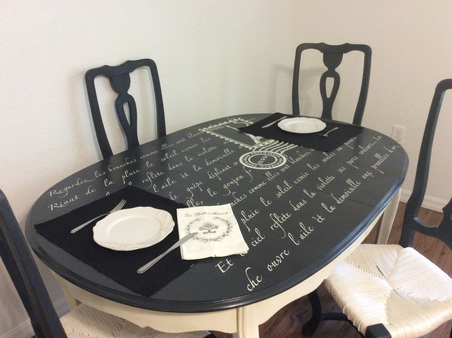 Dining Room Table Set Four Chairs Hand Painted French Poem