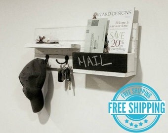 FREE SHIPPING - Modern Rustic Mail Organizer with Chalkboard - 2 Double Hooks - Reclaimed Wood Mail Slot with Key Hooks - Mail Holder